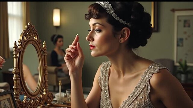 A woman in a silver flapper gown applies makeup at an ornate vanity, exuding 1920s elegance.