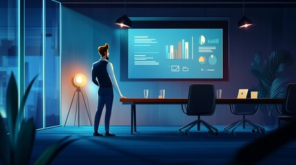 Fototapeta premium A man stands in front of a large screen displaying charts in a modern office space with blue tones