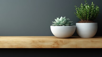 Fototapeta premium Serenity in Minimalism: Succulents and Greenery on a Wooden Shelf