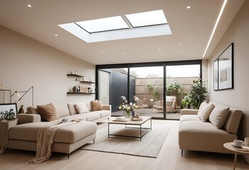 Fototapeta premium Modern Living Room Design With Skylight And Patio Access