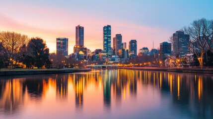 Fototapeta premium Cityscape Reflection at Dawn Urban Skyline and Tranquil Water