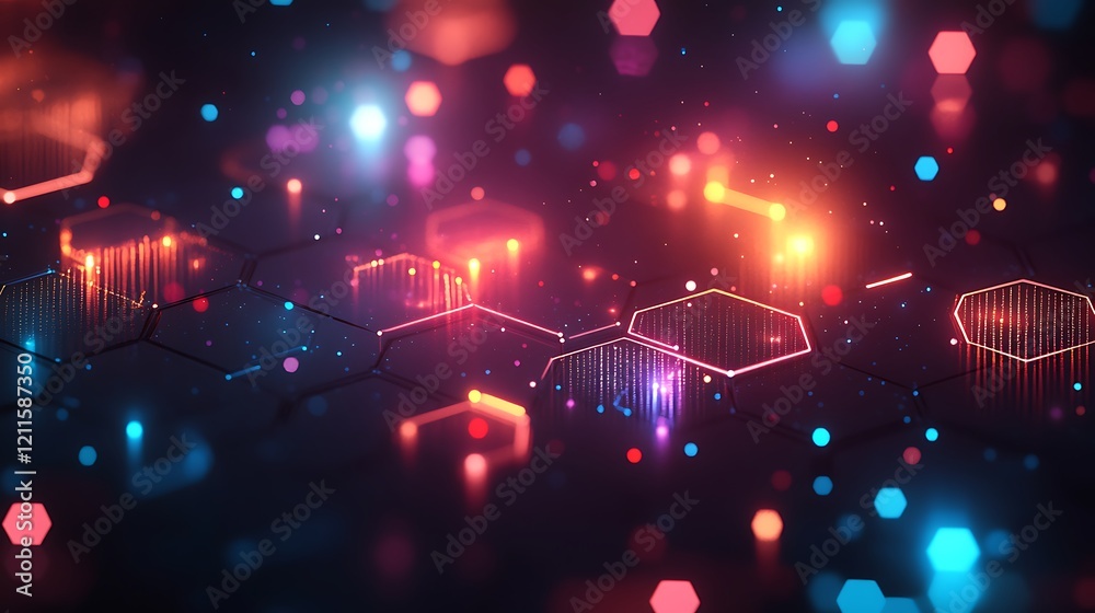 Wall mural a dark background with an abstract grid of glowing hexagon