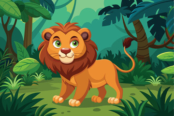 A cartoon lion curiously roaming through vibrant jungle foliage under daylight, Lion in the jungle Vector illustration of a cartoon animal