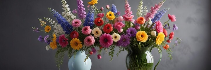 Obraz premium A mix of colorful spring flowers in a large vase on a smooth background, floral arrangement, blooming flowers, flower bouquet