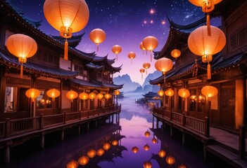 Enchanted Asian Village at Night with Glowing Lanterns and Misty Mountains