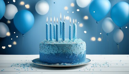 birthday cake with candles and balloons