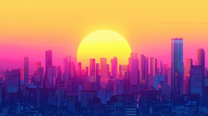 Vibrant City Skyline at Sunset Futuristic Urban Panorama
