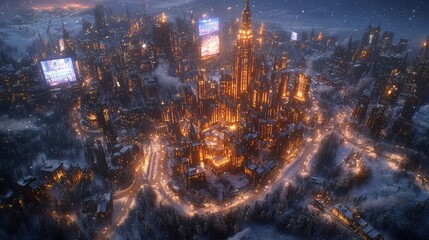 A Winter Cityscape Illuminated At Night