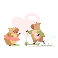 Cartoon capybara on scooter rushes to girlfriend. Happy exotic animals, cute biggest rodents with love emotions Valentines love day. Flat vector design elements for card, packaging, fabrics, flyers