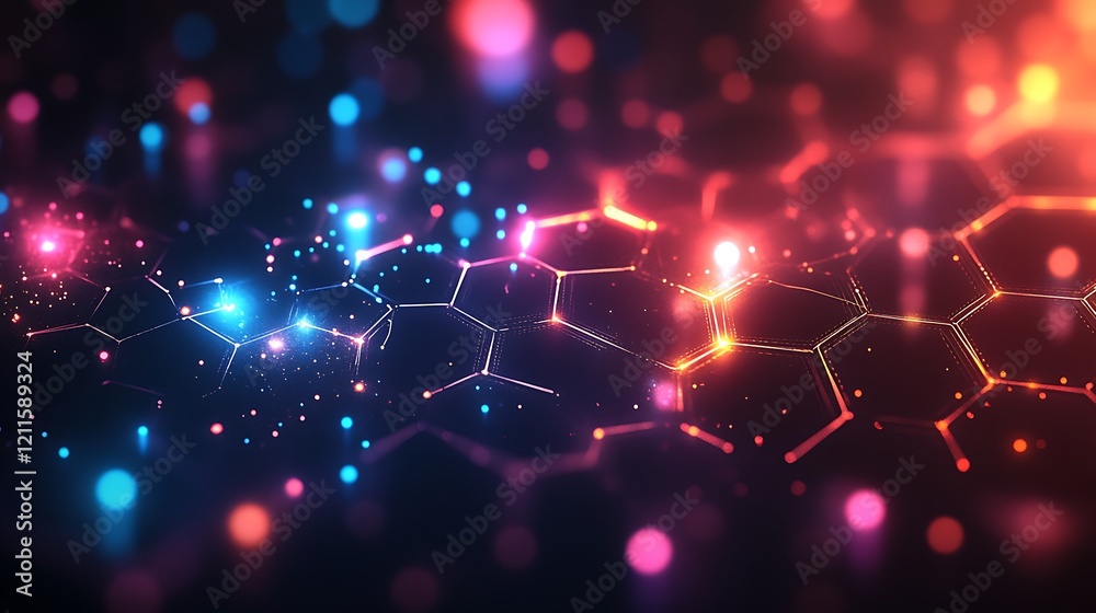 Wall mural a dark background with an abstract grid of glowing hexagon