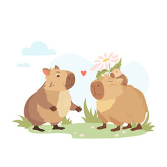 Cartoon pretty capybaras family with baby. Happy exotic animals, cute biggest rodents couple with love emotions Valentines love day. Flat vector design elements for card, packaging, fabrics, flyers