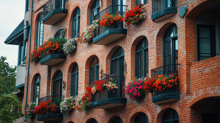 Obraz premium Red Brick Building with Flowered Balconies