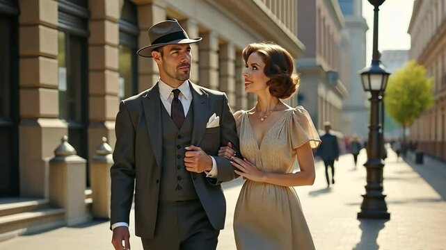 A fashionable couple in 1930s style: he in a tailored three-piece suit, she in a butterfly-sleeved rayon dress, pose on a city sidewalk.