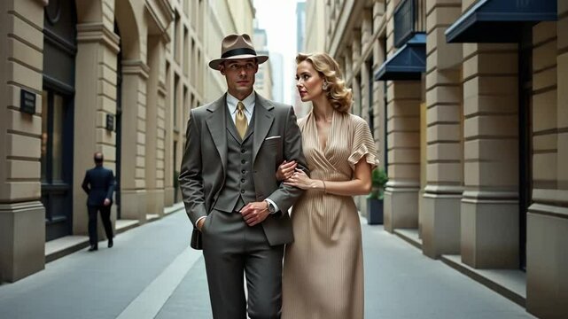 A fashionable couple in 1930s style: he in a tailored three-piece suit, she in a butterfly-sleeved rayon dress, pose on a city sidewalk.