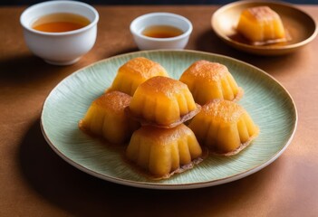 Golden Brown Custard Cakes on Elegant Plate with Tea Cups, Close-up Still Life Photography