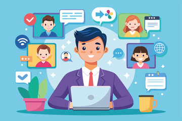 A person in a suit engages in live collaboration with customizable cartoon illustrations on a laptop, Live collaboration Customizable Cartoon Illustration