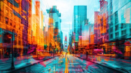 Fototapeta premium Vibrant Cityscape Abstract Urban Street Scene with Colorful Buildings and Motion Blur