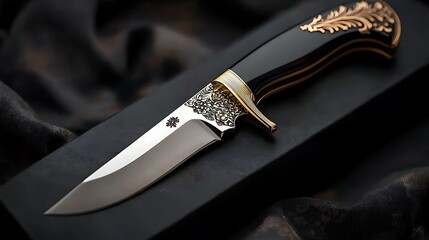 Elegant hunting knife, black handle, gold accents, dark background, product photography