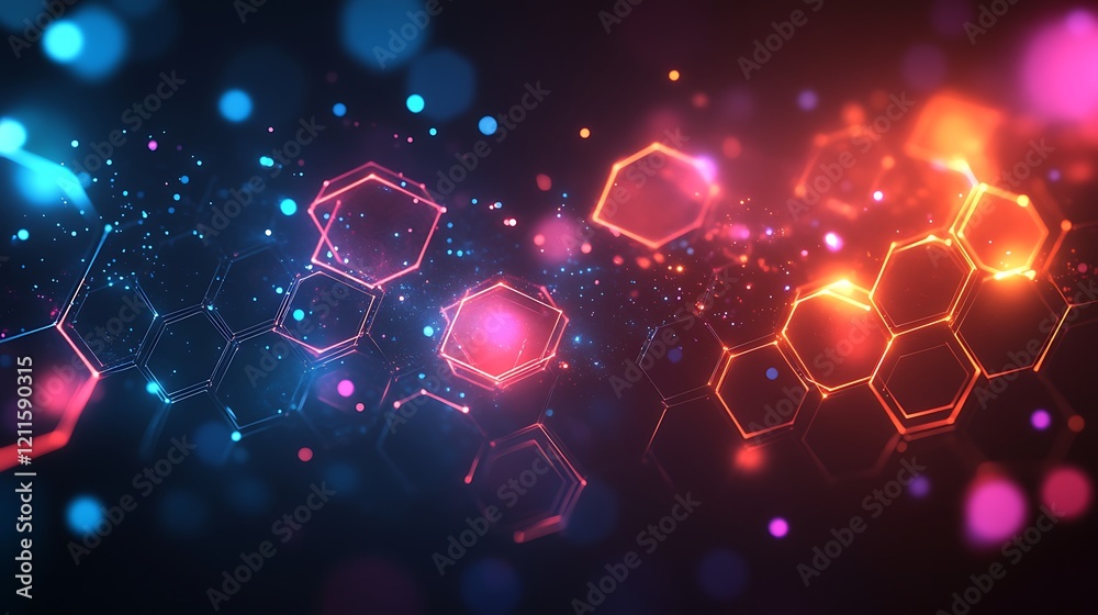 Wall mural a dark background with an abstract grid of glowing hexagon