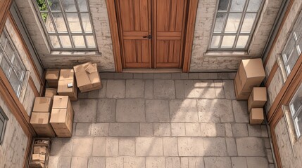 Spacious Room with Wooden Doors and Stacked Cardboard Boxes
