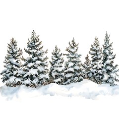 Fototapeta premium Watercolor Painting of Snow-Covered Pine Trees in Winter Landscape.