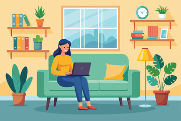 A woman sits comfortably on a couch, focused on her laptop in a bright and inviting living room, Living room interior woman sitting with laptop