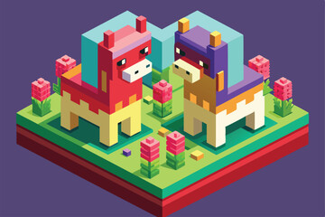 Two playful llamas face each other in a whimsical isometric garden filled with colorful flowers, Llamas in love Customizable Isometric Illustration