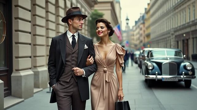 A fashionable couple in 1930s style: he in a tailored three-piece suit, she in a butterfly-sleeved rayon dress, pose on a city sidewalk.
