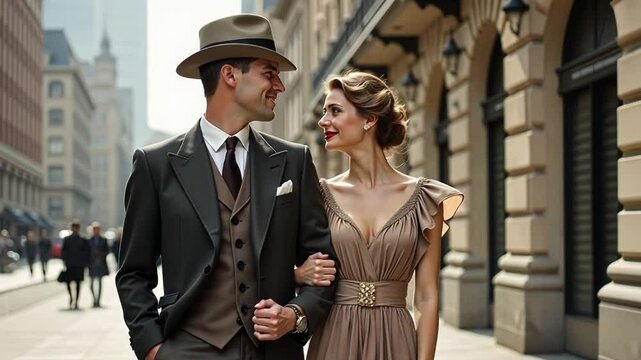 A fashionable couple in 1930s style: he in a tailored three-piece suit, she in a butterfly-sleeved rayon dress, pose on a city sidewalk.