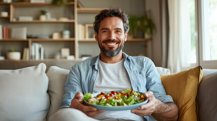 Cheerful Man Enjoying Healthy Salad in Minimalist Living Room