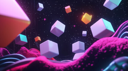Colorful Digital Space with Floating Cubes and Creative Lighting Effects.