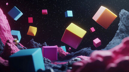 Colorful Digital Space with Floating Cubes and Creative Lighting Effects.