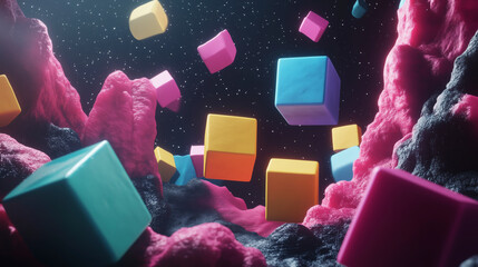 Colorful Digital Space with Floating Cubes and Creative Lighting Effects.