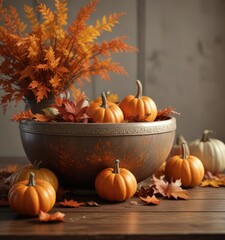 Fall leaves and pumpkins in a decorative bowl , fall, centerpiece, decoration