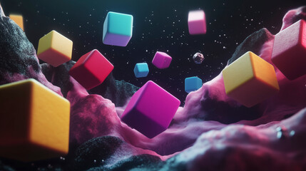 Colorful Digital Space with Floating Cubes and Creative Lighting Effects.