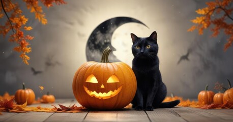 Festive watercolor pumpkin with black cat and crescent moon, watercolor, Halloween, moon, spooky, fall