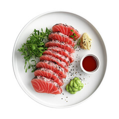 A beautifully plated dish featuring seared tuna slices, garnished with herbs, wasabi, mayonnaise, and a red sauce.