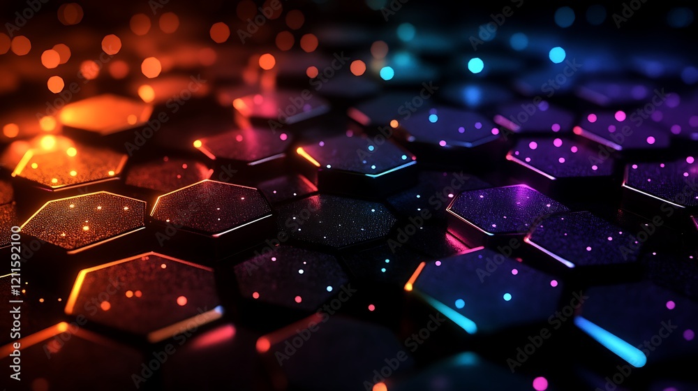 Wall mural a dark background with an abstract grid of glowing hexagon