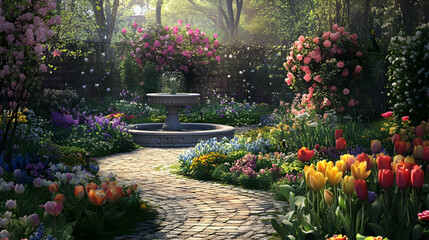 Obraz premium Serene Spring Garden with a Stone Fountain