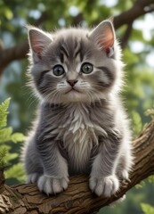 Obraz premium Fluffy grey kitten resting on a tree branch, looking adorable, branch, kitten, cute