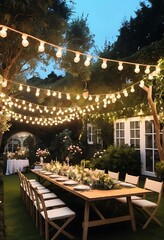 Fototapeta premium Romantic Outdoor Dinner Party With String Lights