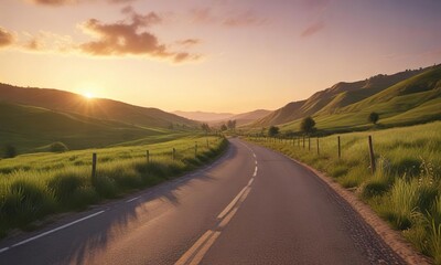 Fototapeta premium Countryside road with green hills under bright sunset, scenic, journey, environment