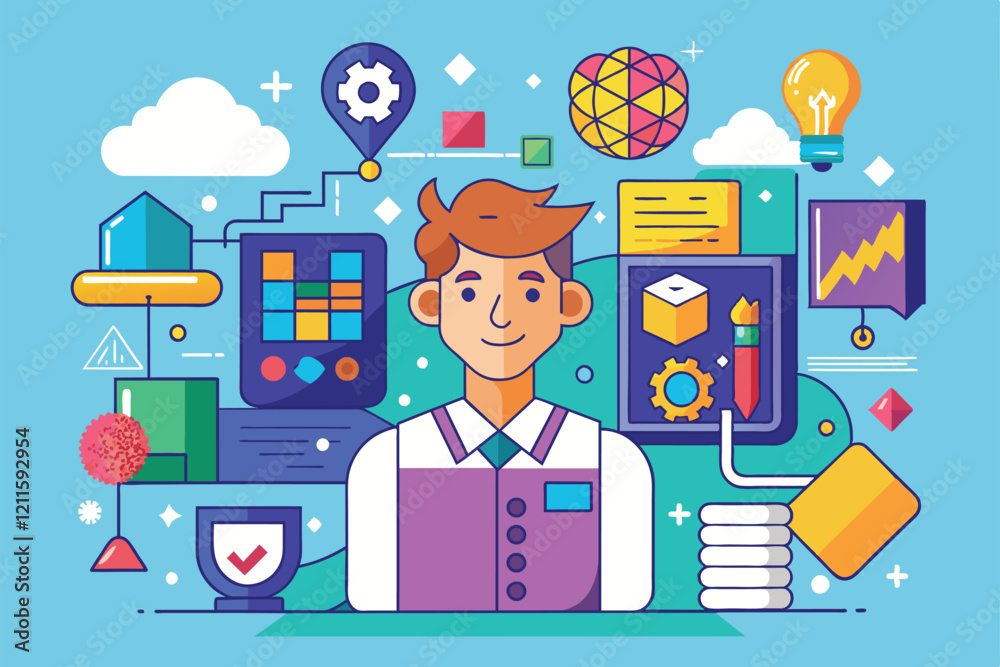 Poster a person is shown interacting with different elements representing logic and problem-solving in a cr