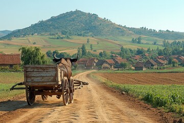 Obraz premium Ox-drawn cart on dirt road, rural village.