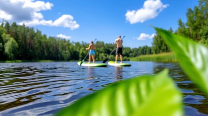 Two Friends Paddle Boarding on a Calm Lake Surrounded by Nature