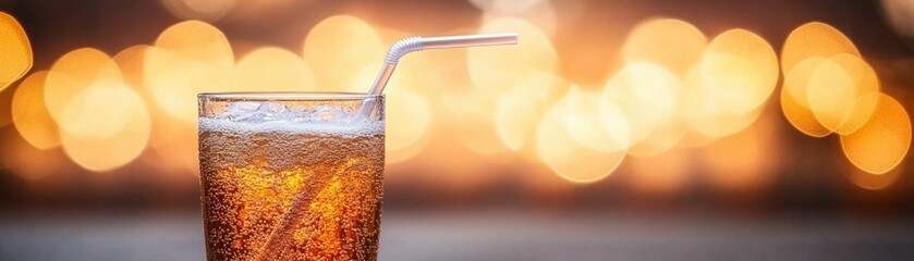 Refreshing Glass of Carbonated Beverage with Straw Set Against a Softly Blurred Background of Warm Ambient Lights, Perfect for Marketing and Promotional Use