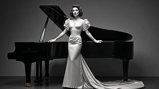 A glamorous woman in a shiny, smooth evening gown with elegantly pose by a grand piano, embodying 1940s high society luxury.