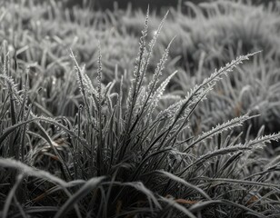 Fototapeta premium Frost-covered blades of grass in a stark black and white composition, black, frost