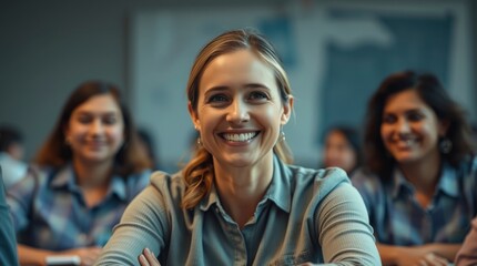 Fototapeta premium Indoor office setting, smiling woman in blue shirt, warm lighting, coworkers in background, teamwork atmosphere, professional environment,