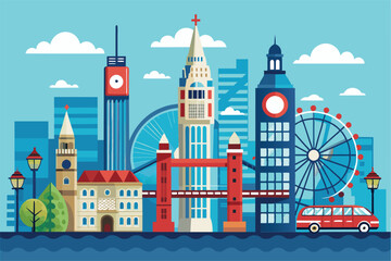 Fototapeta premium Explore a colorful depiction of Londonâ€™s famous landmarks featuring a customizable flat in the foreground, London Customizable Flat Illustration